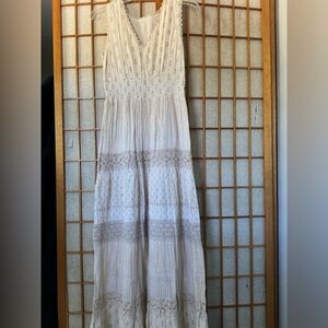 White and Gold Smocked Tiered Maxi Dress
